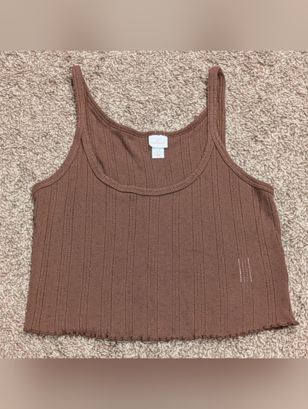 Colsie (Target) Brown Pointelle Crop Cami Tank Top Lettuce Trim Ribbed Eyelet